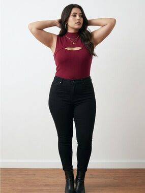 Mango Ribbed Sleeveless Mock Neck Top in Wine